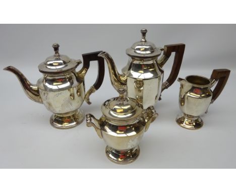 Art Deco heavy silver-plated four piece tea set, octagonal form with rosewood handles, H25cm max