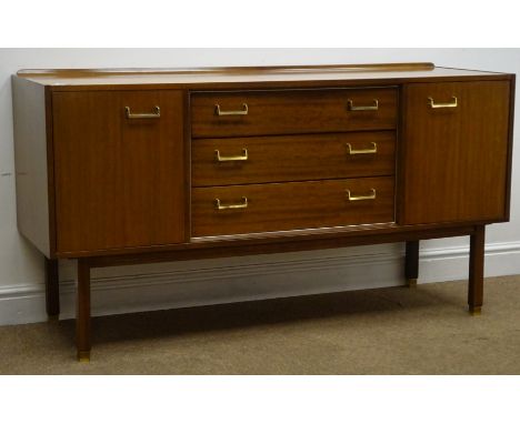G-Plan vintage retro sideboard, raised back, three drawers flanked by two cupboards, square supports, W145cm, H78cm, D46cm Co