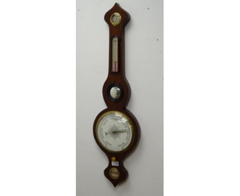 Victorian wheel barometer with thermometer, onion top mahogany case with silvered and ceramic dials & mirror, H90cm Condition