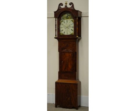 19th century mahogany longcase clock, swan neck pediment with brass eagle finial, painted arched  Roman dial with subsidiary 