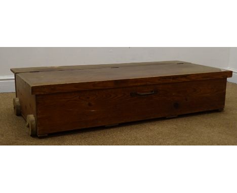 Early 20th century pine chest with hinged lid (W117cm, H25cm, D55cm) with quantity tools Condition Report Click here for furt