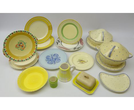 Art Deco tableware comprising Susie Cooper hand painted plate no. 547/733, 'Woodpecker' pattern plate, Polka Dot dinner ware 