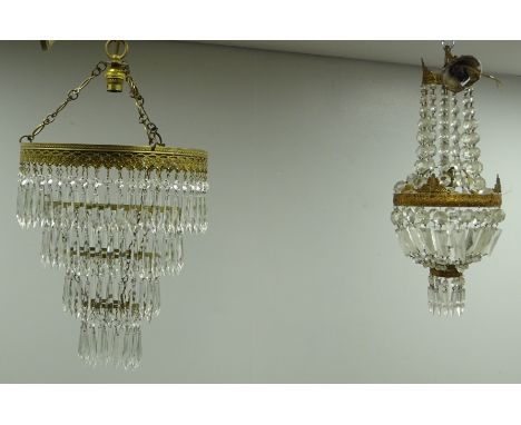 Two gilt metal centre light fittings with cut glass drops, H65cm max Condition Report Click here for further images, conditio
