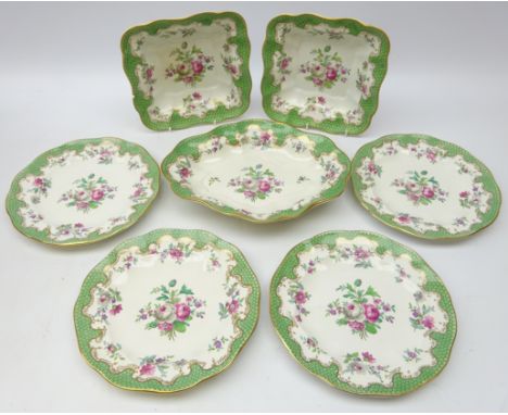 Booths Silicon China dessert service, floral decorated with green scale border, retailed by T. Goode & Co. London (7) Click h