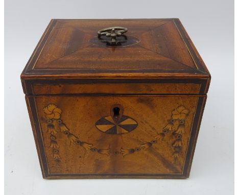 George III figured mahogany boxwood strung tea caddy, inlaid with batwing paterae, the front with floral swag and rosewood ba