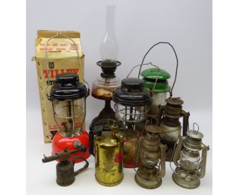 Boxed Tilley Stormlight model X246B, Veritas paraffin lamp, other paraffin lamps, two 'Monitor' blow torches and a Victorian 