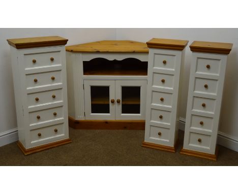 White and pine finish corner tv stand, two glazed doors enclosing single shelf, plinth base (W107cm, H80cm, D53cm) and three 
