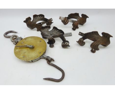 Set of four Continental cast metal curtain tie backs modelled as a curved acanthus leaf with wall mounts, L24cm and set of 19