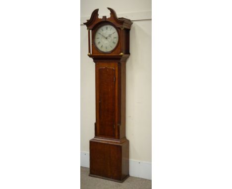 George III oak longcase clock, swan neck pediment, circular silvered dial with Roman and Arabic numerals, signed 'Hill Sheffi