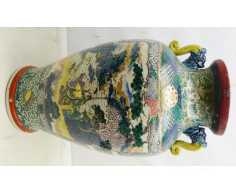 Large 19th century Chinese Famille Verte vase of baluster two handled form, the body with panels of figures and birds on diap