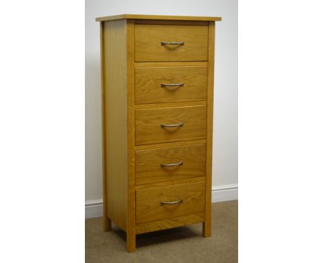 Solid light oak narrow chest, five drawers, stile supports, W61cm, H135cm, D44cm Condition Report Click here for further imag