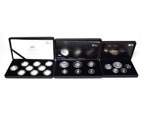 Royal Mint 2013 Changing Face of Britain Silver Britannia 5 Coin Set, 2014 Britannia 6 Coin Proof Set and the 2012 Britannia 