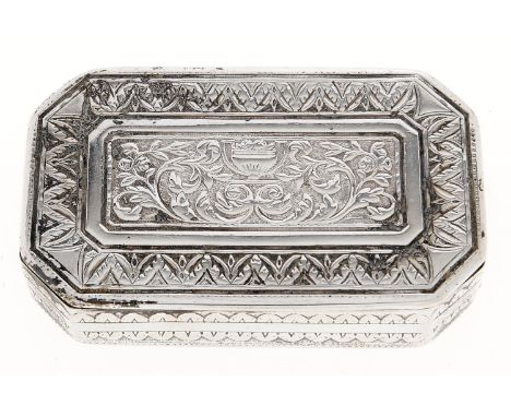 An Austro-Hungarian silver snuff box, the lid and underside chased with a tablet and urn or shell flanked by scrolling foliag