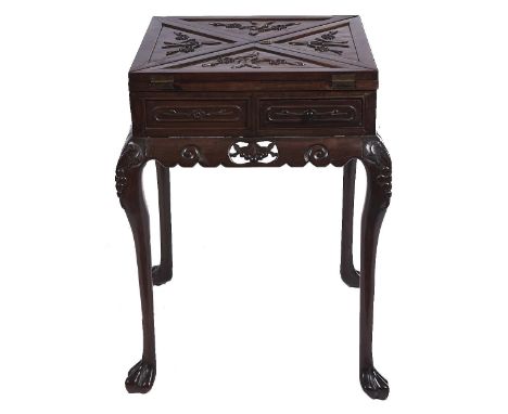 A Chinese carved hardwood card table, early 20th c, the 'envelope' top with four fold-over triangular leaves, each carved wit