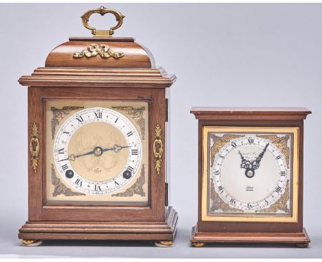 A brass mounted walnut basket top mantel clock, Elliott, late 20th c, 26cm h including handle and an Elliott walnut mantel ti