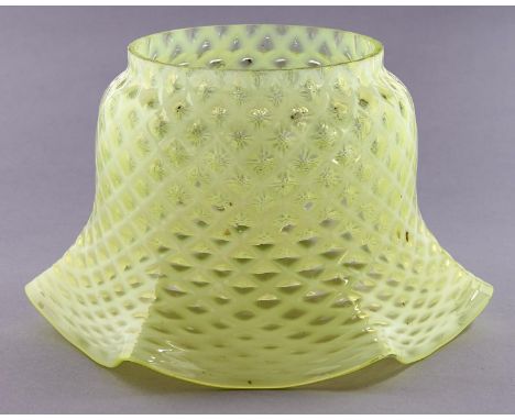 A semi opalescent oil lamp shade, c1900, of moulded trellis design, foot 10cm diam  Undamaged