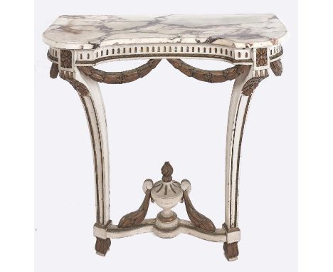 A white and gilt painted wood console table, early 20th c, in neo classical style, with breche violette marble slab, 83cm h; 