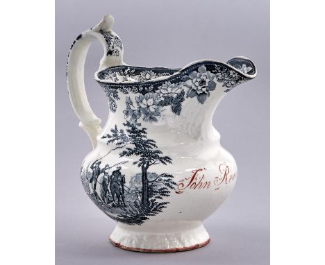 A Brameld Badsworth Hunt pattern earthenware jug, c1830-37, with black transfer prints and inscribed in red enamel John Rowe,