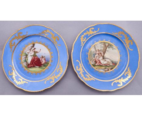 A pair of Continental porcelain blue ground cabinet plates, late 19th c, printed and painted with scenes from classical mytho