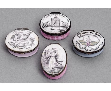 Four South Staffordshire enamel patch boxes, the oval lid of each printed, one coloured with a girl or bird, all but one with