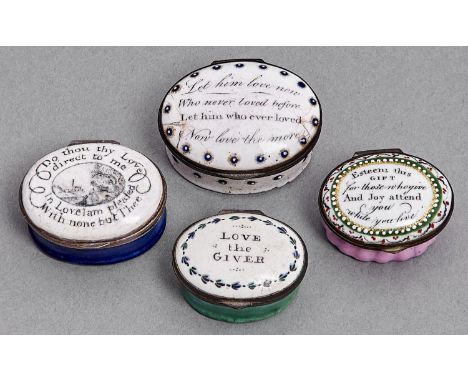 Four South Staffordshire enamel patch boxes, c1780, the lid printed with a landscape and four inscriptions, the underside of 