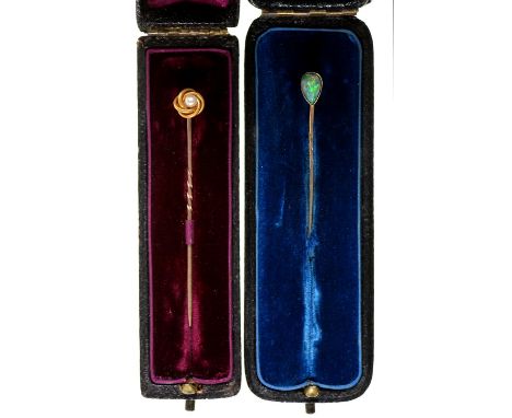 Two Victorian gold stickpins, with black opal or pearl terminal, opal terminal 8.5mm, unmarked, cased, 2.1g  Good condition; 