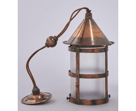 An Arts &amp; Crafts oxidised brass lantern, early 20th c, with rose and knop, frosted glass cylindrical shade lantern, 22cm 