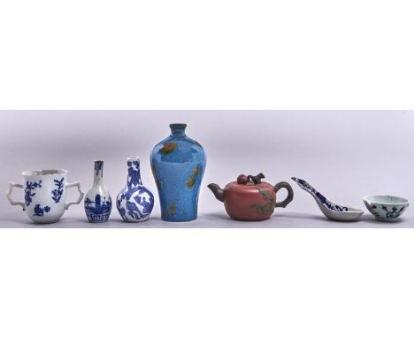 A Chinese Yixing stoneware teapot and cover, of squash form, 65mm h, round impressed mark and six other Chinese porcelain and