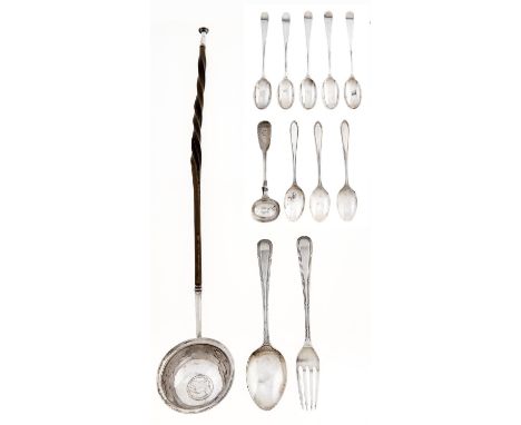 A George V silver child's spoon and fork, by I S Greenberg &amp; Co, Birmingham 1934, cased, two sets of three and five silve