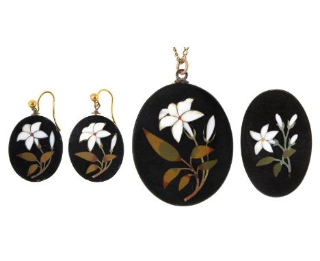 Four similar Victorian oval pietre dure plaques, variously mounted comprising a pair of earrings with wire loops, brooch and 
