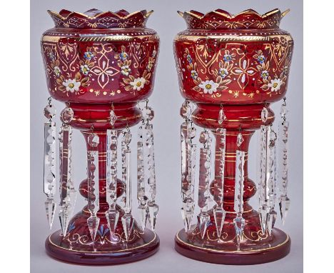A pair of enamelled ruby glass lustres, late 19th c, hung with prismatic cut beads and pendants, 35cm h  Good condition