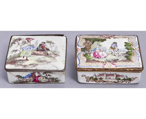 Two Continental enamel boxes, 18th c and later, painted in polychrome with lovers in romantic landscapes, 80 and 87mm l  Some