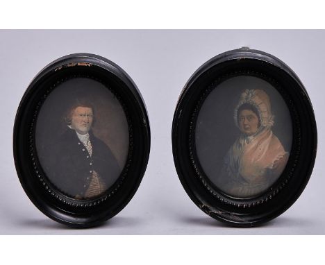 English School, late 18th c - Portrait Miniatures of a Lady and a Gentleman, half length, he in a striped waistcoat, white st