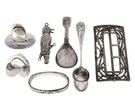 George Jensen. A Danish silver napkin ring, No 110, 55mm, maker's and control marks, two silver menu stands and miscellaneous