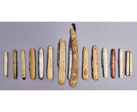 A razor and nine various folding knives with bone scales, 19th c, and four other items, to include a pair of scissors (14)  G