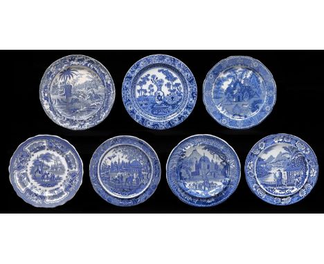 Seven various Spode and other Staffordshire blue printed earthenware plates, including Indian Sporting Series Death of the Be