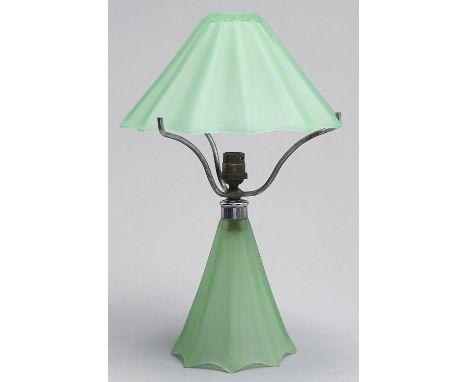 An English art deco frosted green glass table lamp and shade, with chromium plated mount, c1940, 40cm h  Good condition