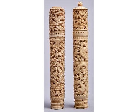 Needlework Tools. Two similar Chinese carved ivory netting tool cases, mid 19th c, profusely and typically carved with dragon