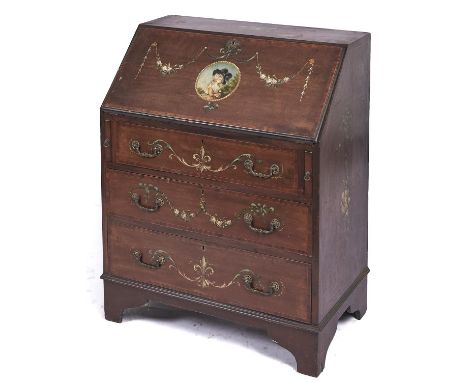 An Edwardian painted mahogany bureau, early 20th c, crossbanded in rosewood and line inlaid, decorated with a portrait medall