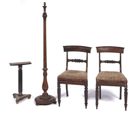 A pair of Victorian rosewood dining chairs, a George IV ebonised and gilt reeded table pillar and a carved walnut standard la