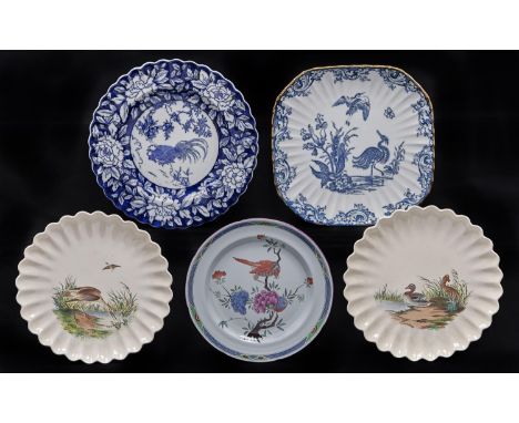 A pair of Copeland fluted earthenware dessert plates, c1876, printed and painted with water birds, 21.5cm diam, impressed mar