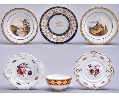 A pair of Staffordshire bone china dessert plates, c1820, painted with a thatched cottage or waterfall in gilt border and lob