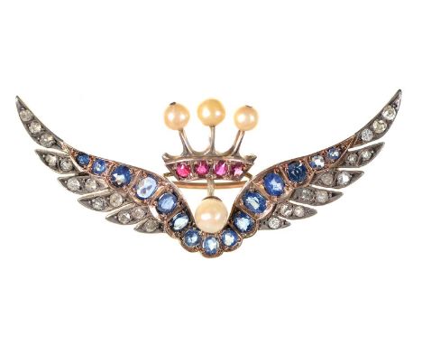 A ruby, sapphire, diamond and pearl coronet and wings brooch, early 20th c, in gold, 60mm, 8.5g  Lacking an upright and cultu