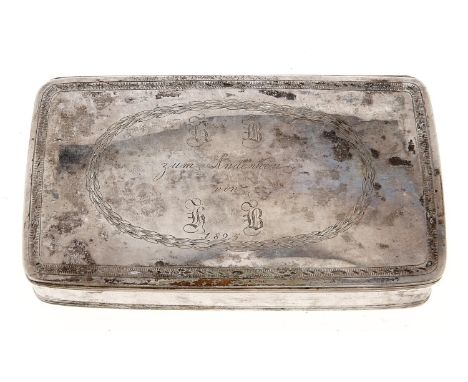 A French silver table snuff box, the lid engraved with inscription and initials encircled by bays, reeded rims, 11.5cm l, mak