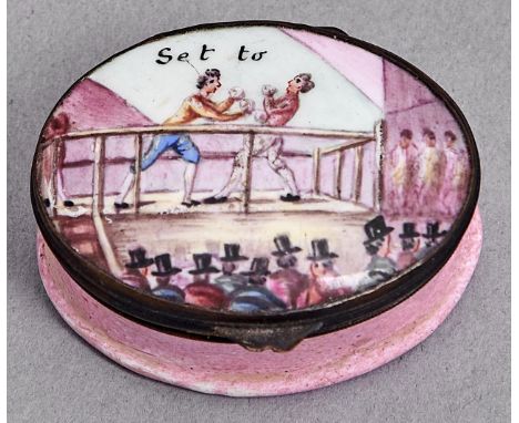 An oval enamel bonbonniere, 19th c, the lid painted with boxers and spectators, the base pink, 50mm l  Light wear around the 