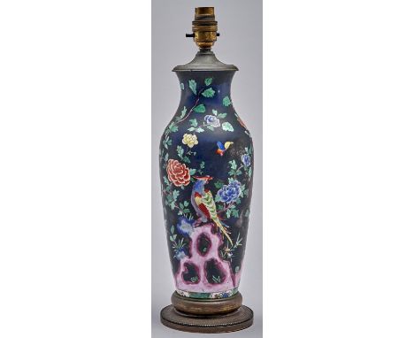 A Staffordshire black ground famille rose earthenware vase, mounted in brass as a table lamp, second quarter 20th c, 36cm h e