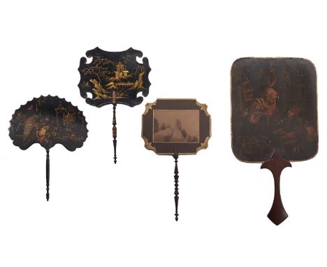Four Victorian papier mache and other hand screens, variously decorated, mahogany handled example 50cm  Light wear only, the 
