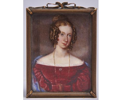 English School, 19th century Portrait Miniature of a young Lady,&nbsp;bust length in a red dress wearing her hair in ringlets