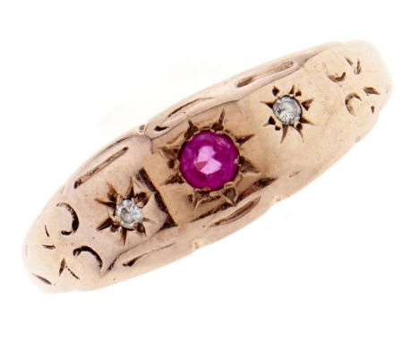 A ruby and diamond ring, c1900, in 9ct gold, gipsy set, Chester, other marks rubbed, 1.2g, size M  Wear consistent with age