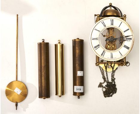 A Kundo reproduction brass and metal lantern clock, 21cm h and another, pendulum and weights  Apparently complete and in good